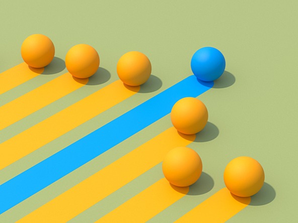 blue ball surrounded by yellow balls